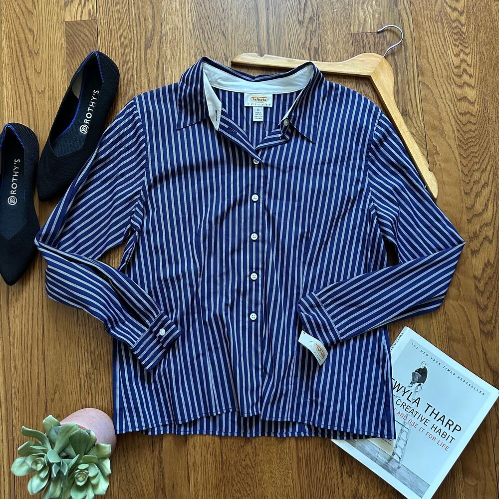 Talbots Blue & White Striped 100% Cotton Button Down Blouse